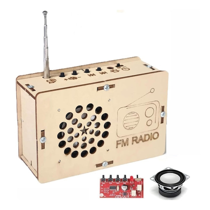 Kit radio electronic DIY cu carcasa din lemn 88MHz-109MHz asamblare fara lipire pentru copii studenti si incepatori OUYLAF