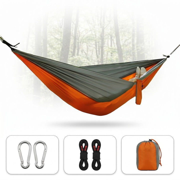 Hamac Material Tip Parasuta Ultra Usor Portabil cm Ideal pentru camping drumetii si activitati in aer liber,gri portocaliu Kit Camping Outdoor cu Curele Prindere Franghii si Carabine
