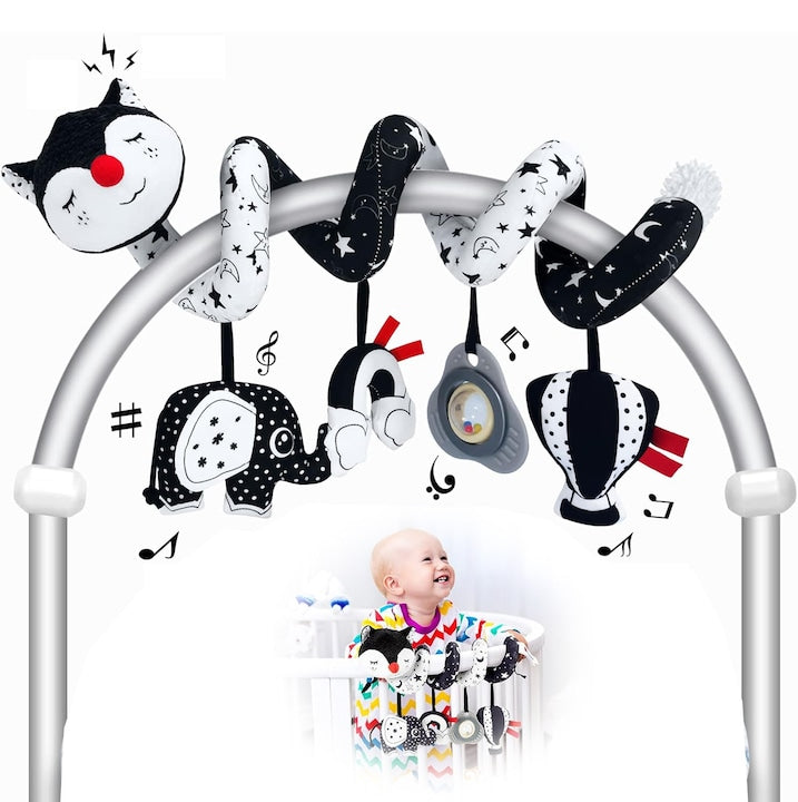 Sozzy Fox Spiral Plush Toy, Musical, Sensory and Rattle Toy for Babies, Black and White, 47cm, for Cot and Stroller Activities