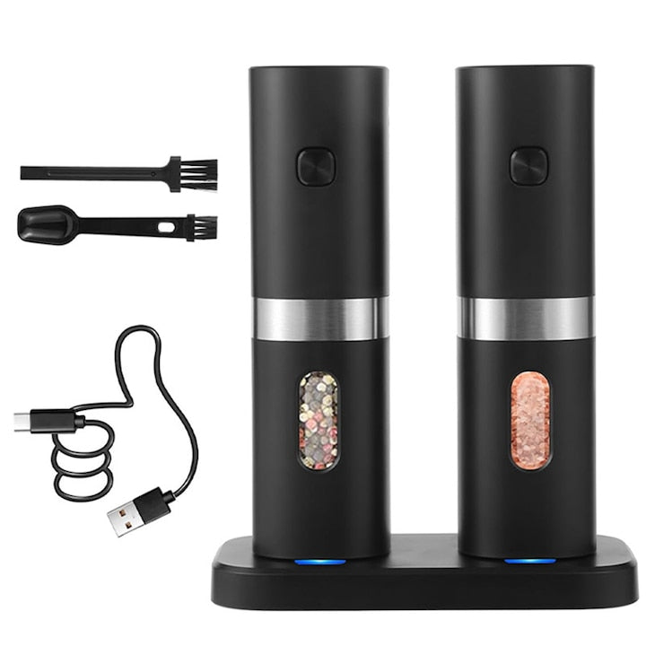 Set 2 rasnite electrice pentru sare si piper Rqiurpn 5 niveluri de granulatie Stand incarcare USB Design ergonomic Ustensila de curatare Negru