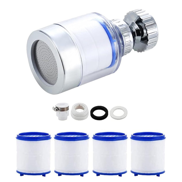 Filtru de apa pentru robinet 5 cartuse de schimb rotire 360 crom ABS si inox