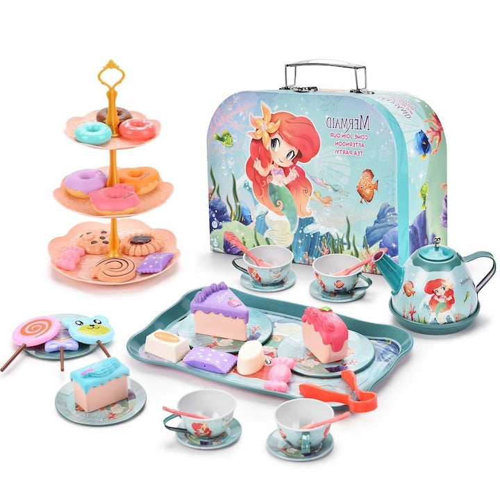 48-Piece Mermaid Tea Party Set for Girls, Princess Pretend Play Tea Party Toy, Kids Afternoon Tea Set Including Teapot, Cups, Saucers, Dessert, Drinks, and Carry Case, Mermaid, WALALLA