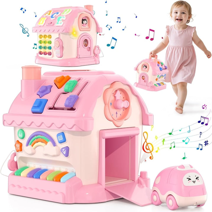 Set jucarie educationala interactiva Montessori Wacorresi Jucarie Interactiva pentru Bebelusi Casa Montessori muzicala LED Sunete si Forme 21x18x19cm 0-3 ani roz