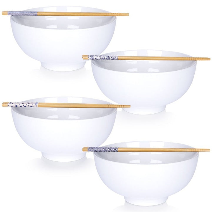Set 4 Boluriuri Pentru Ramen Cu Betisoare Vilde 20x10x24 cm 1.6 L Boluri Din Portelan Betisoare Din Lemn De Bambus Potrivit Pentru Masina De Spalat Vase Poate Fi Folosit In Cuptorul Cu Microunde Alb
