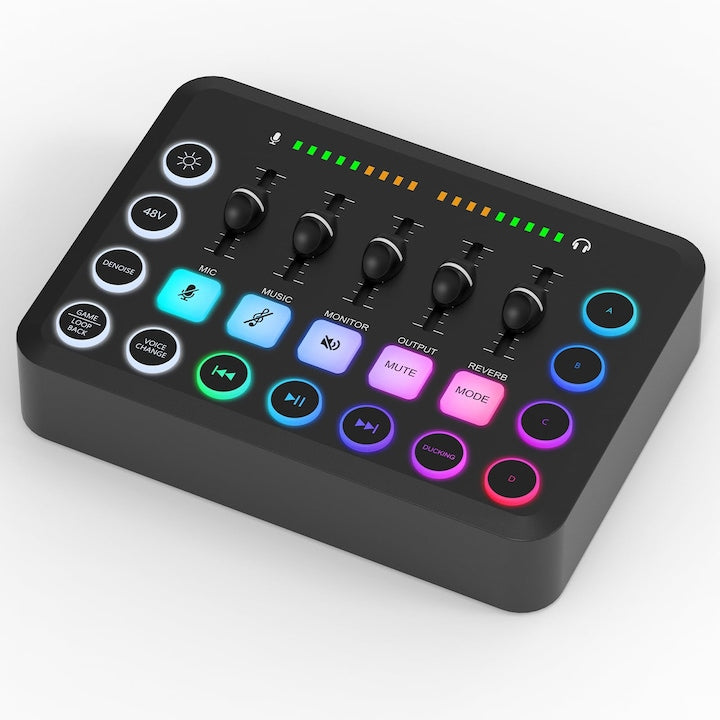 Audio Mixer for Streaming Sound Card with XLR Microphone Interface Individual Volume Control/Fader/Mute Button/48V Phantom Power for Podcast/Recording/Voice/Gaming Voice WALALLA Black