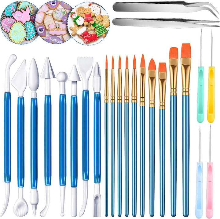 Set 24 Ustensile Ornare Prajituri Swejah Plastic Decorare Patiserie/Cofetarie cu Pensule Ac pentru Amestecarea Glazurii Instrumente pentru Modelarea Fondantului Penseta Unelte de Modelare pentru Prajituri Bomboane Fondant Albastru