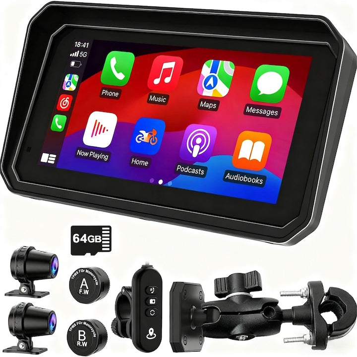 WALALLA Motorcycle Video Camera with Tire Pressure Monitoring System (TPMS), Navigation System, 6-inch Waterproof Touchscreen, 1080P, CarPlay and Android Auto, G-Sensor, 64GB Memory Card, GPS/WiFi/Night Vision, Black
