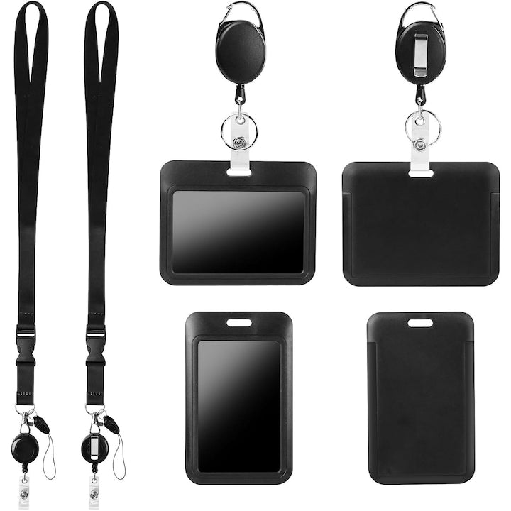 Set 4 suporturi pentru ecusoane cu 2 role retractabile rotunde si ovale & snururi durabil ABS Negru