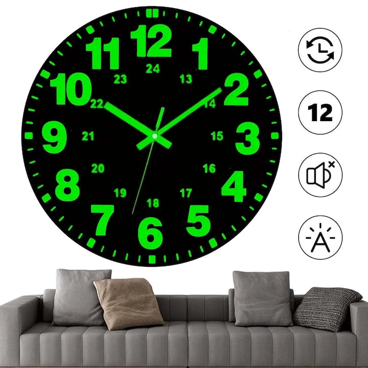 Luminous Wall Clock 30 cm with Silent Movement and Illumination Function Decorative Wall Clock for Kitchens, Bedrooms, Bathrooms, Living Rooms, Gardens, Children, Battery Operated, Easy to Read