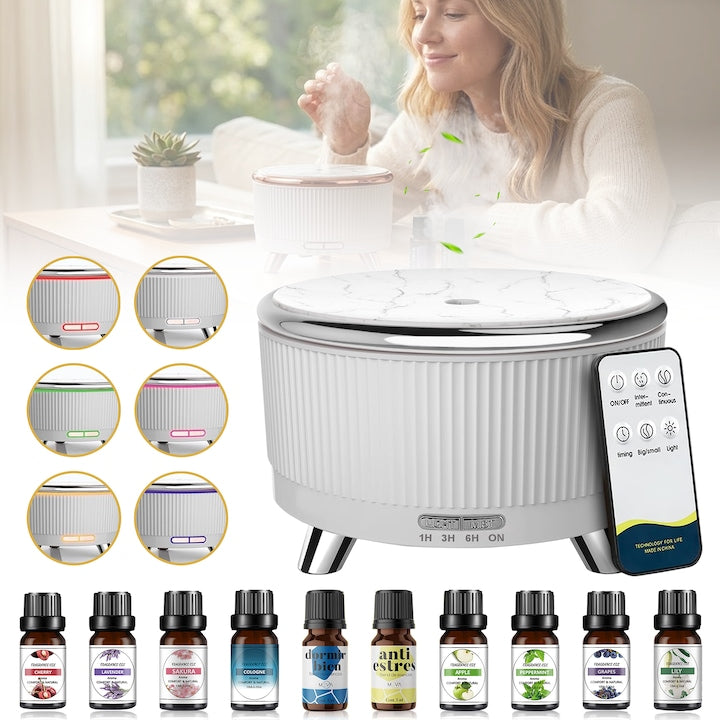 AYCYKD Aroma Diffuser 500ml Essential Oil Diffuser 7 Colors Air Humidifier Aromatherapy Diffuser Remote Control Elegant Marble Texture Design Intermittent Mist Modes Silver Grey 10 Essential Oils