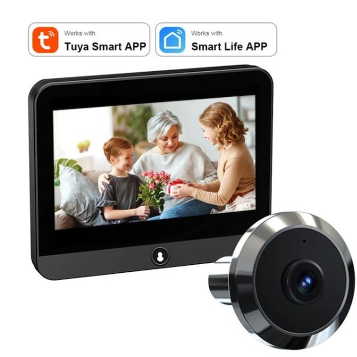 Vizor Electronic Inteligent Wi-Fi Duueyct Tuya Ecran LCD 4.3 Inch 1080P Baterie Reincarcabila 5000mAh nghi De Vizualizare De 100° Instalare Usoara Aplicatie Telefon Android/iOS negru
