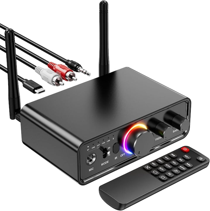 Adaptor Bluetooth 5.3 Audio Profesional AUX jack 3.5 mm/RCA/Fibra / Coaxial Transmitator si Receptor TX/RX Lumina RGB baterie de 1200 mAh antena dubla Telecomanda cu infrarosu pentru TV Sistem Audio Home Cinema Laptop PC OUYLAF Negru