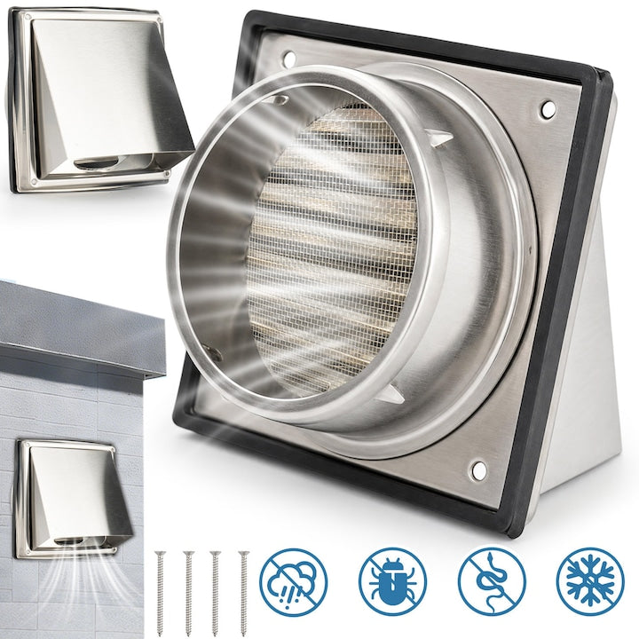 150mm Outdoor Dryer Vent Cover with Fine Stainless Steel Mesh Dryer Exhaust Vent Cap Dampened Non-Return Flap with Sealing Gasket