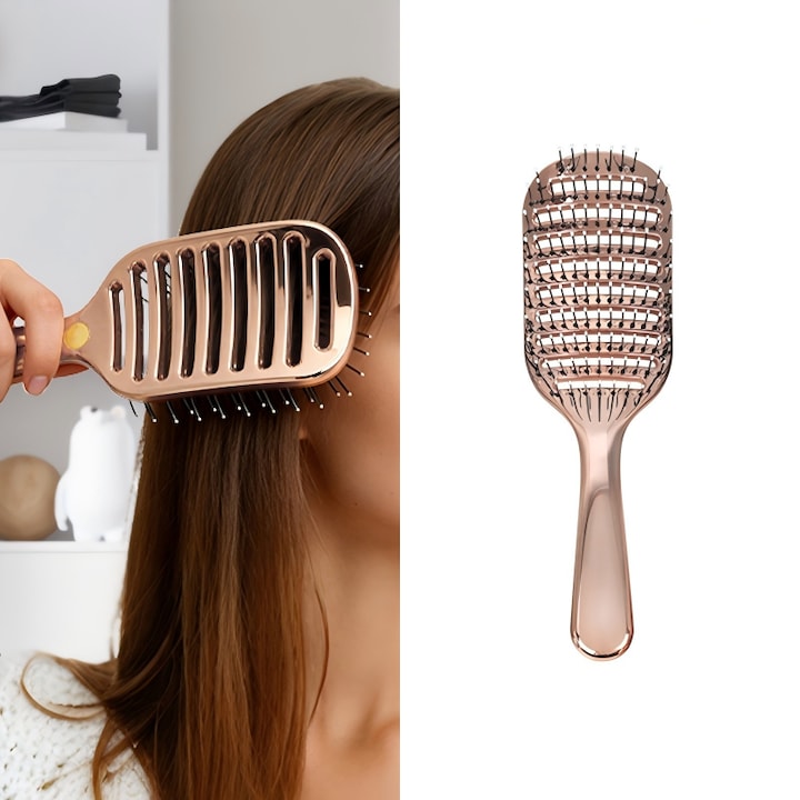Pieptene de Par Coafura Rose Gold – Dinti Largi Design Curbat Varfuri cu Perlute Masaj Scalp