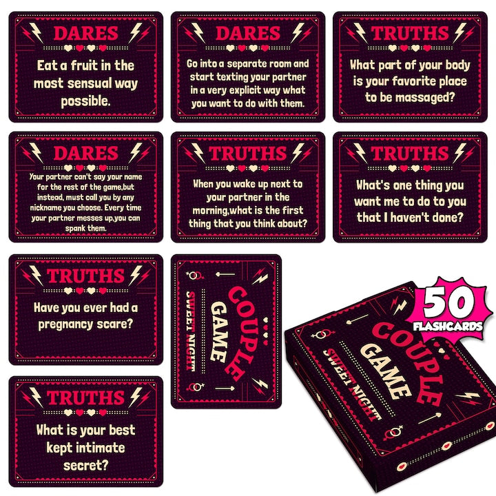 Couples game "Truth or Dare?" Fun for 2. 50 cards with romantic and slightly kinky questions and dares, perfect for couples or as gifts. 18+