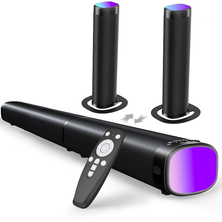 Bara de sunet RGB de 100 W pentru jocuri cu bas dinamic - 3 moduri de iluminare colorate Bluetooth 5.3 design 2 in 1 detasabil pentru PC/TV/proiector (ARC/Opt/AUX)