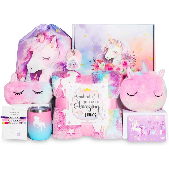 Set 11 Gift for Girls Axroad Mall Glow-in-the-dark unicorn blanket Thermos mug Shoulder bag Sleep mask Drawstring backpack 3 children's bracelets Keychain Greeting card Packaged in a gift-ready box For girls aged 3-12 Pink/Purple