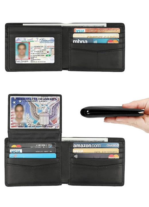 YQLAFT - Portofel barbati din Piele Naturala 10 sloturi Protectie RFID Buzunar Carte de Identitate depozitarea cardurilor de credit si a notelor Multifunctional Cu protectie antifurt Pliabil 11.5 x 9 x 1.5mm Negru