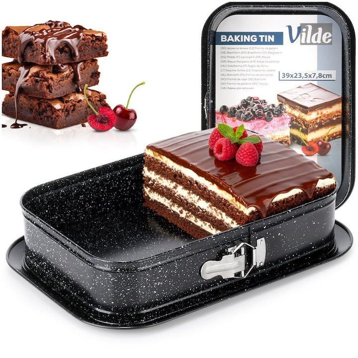 Tava De Copt Vilde 35x24x6.5 cm Tava Rectangulara Pentru Prajituri Si Torturi Fabricata Din Otel Carbon De Cea Mai Buna Calitate Si Acoperire Granitica Partile Laterale Detasabile Faciliteaza Scoaterea Prajiturii Coapte Granit