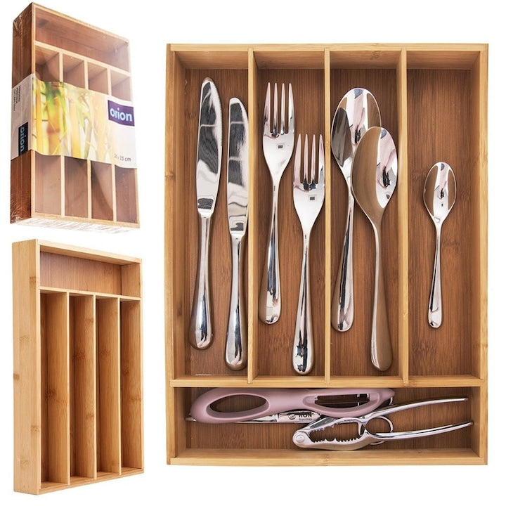 Organizator Pentru Tacamuri Orion 35x26x5 cm Lemn De Bambus Spatios Cinci Compartimente Usor De Curatat Universal Pentru Orice Sertar Bambus