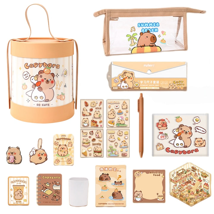 Capybara Stationery Gift Set, School Pencil Case, Kids Pencil Case, School Supplies Pack, Gifts for Kids, Birthday Gifts, Christmas Gifts, Includes Storage Box, Pencil Case, Ruler, Brooch, Stickers
