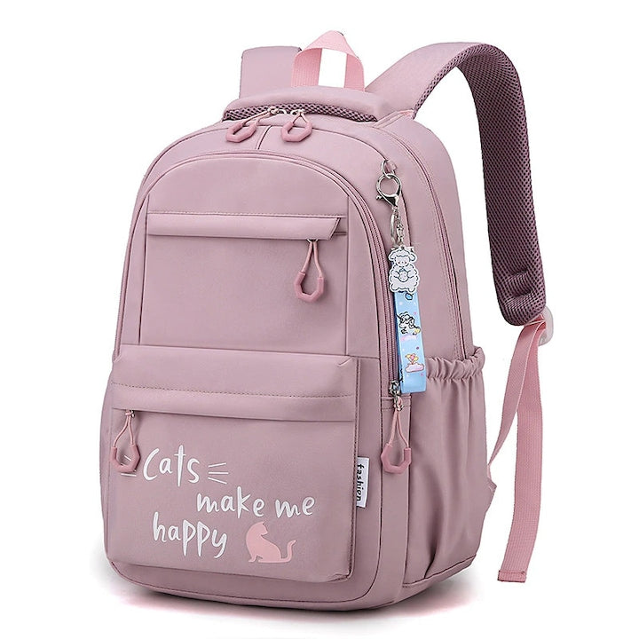 Rucsac scolar din nylon cu imprimeu 'Cats make me happy' si buzunare laterale CJ-EM-K0204-20260821-285 roz