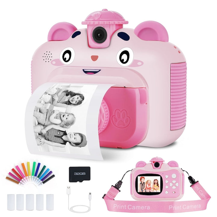 Camera digitala pentru copii cu imprimare instantanee Walalla 1080P 32 GB 3-12 ani Roz