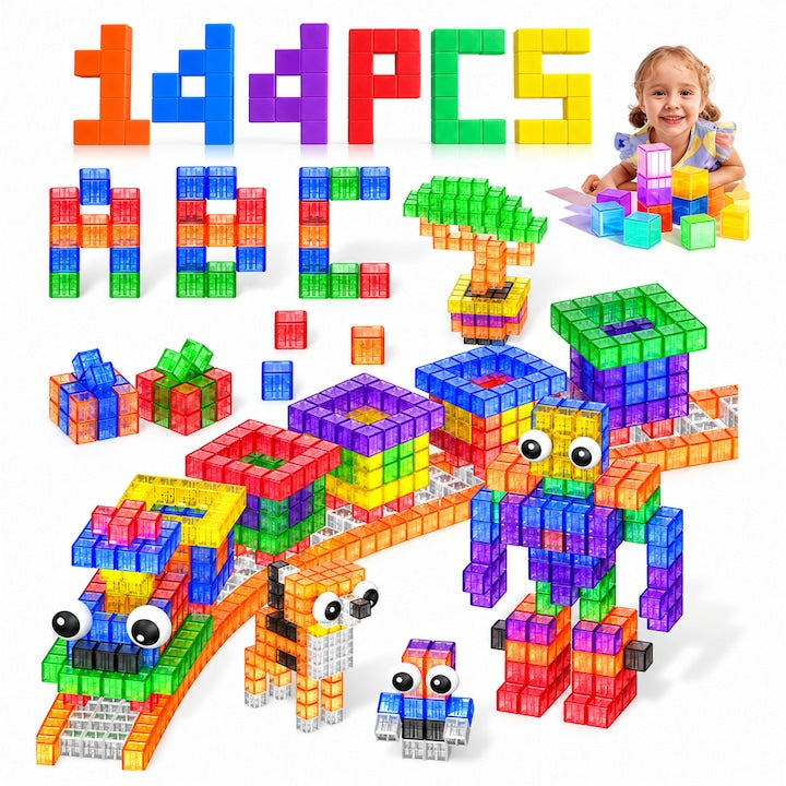 Set de constructie cu placi magnetice Set de Construit cu Piese Magnetice 144 Cuburi Magnetice Potrivite pentru Baieti si Fete Jucarii Educative Creative 3-8 Ani transparent