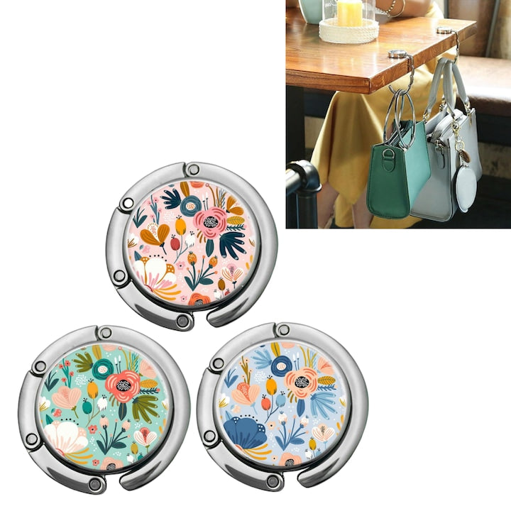 Set 3 bucati carlig geanta de mana Magnet adsorbtie masa pliabile portabilitate metal Diametrul discului 4 5 cm Lungimea carligului 7 5 cm model floral multicolor