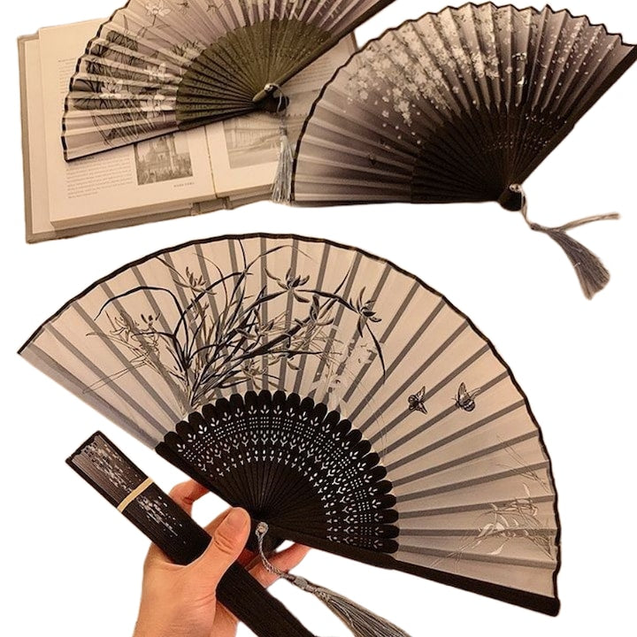 Set of 3 Handmade Fans, Fantasy Floral and Bamboo Motifs, with Tassel, 21x38cm