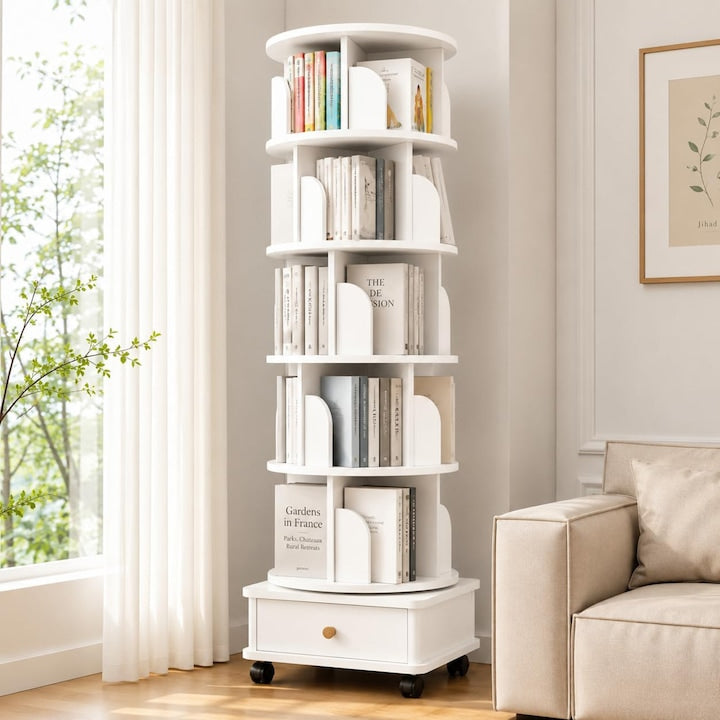 Raft Rotativ de Carti SANSES 5 Niveluri Rotativ 360° Design Cilindric Capacitate Mare de Incarcare cu Roti 173x46 cm pentru Carti/Depozitare/Decorarea Camerei Alb