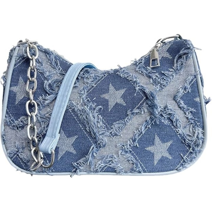 OEM - Geanta de umar din jeans pentru femei model cu stele si frunze geanta subtire underarm stil vintage dimensiuni 20x12x6cm culoare albastru 12 rate cu 0% dobândă