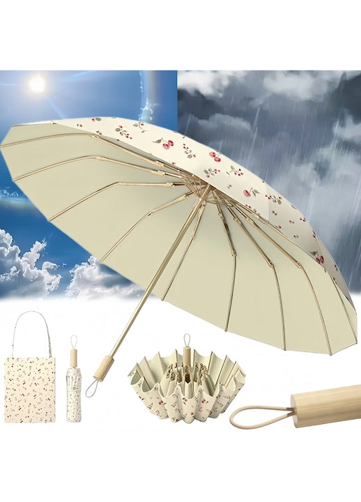 Umbrela Pliabila Femei Swejah 99cm 16 Oase Maner Din Lemn Telescopica UPF50+ Protectie Solara/Ploaie/UV/Vant Compact Usoara cu Sac de Depozitare 30*8cm 475g Cireasa Bej