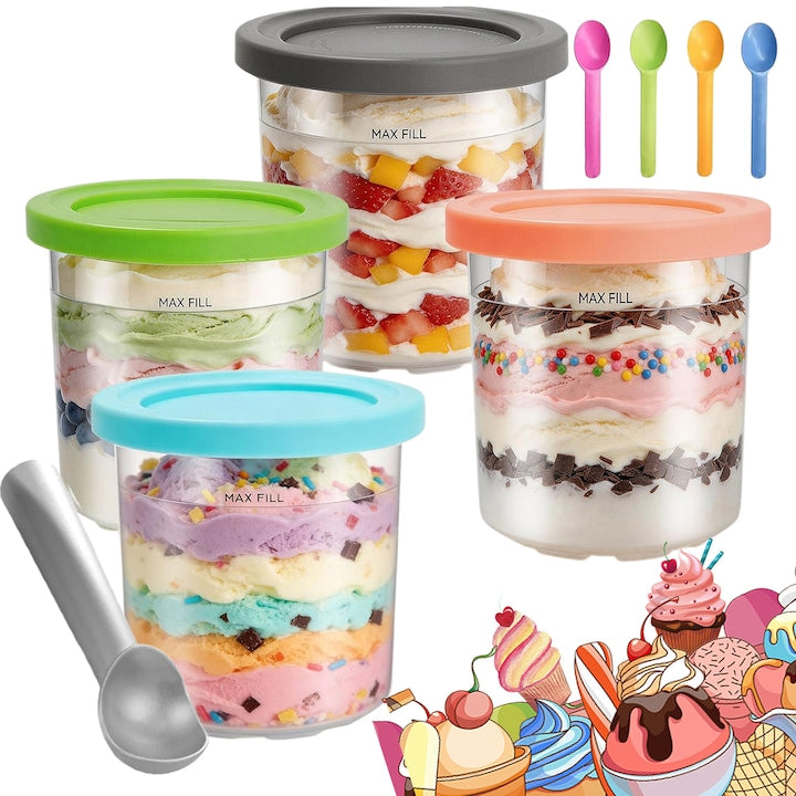 Set 4 Recipiente pentru Inghetata pentru Ninja Creami Swejah 500ml Polycarbonate Fara BPA Rezistente la Scurgeri Reutilizabile cu 4 Linguri si o Lingura Mare pentru Inghetata pentru Ninja Creami Seria NC299AMZ si NC300 4 Culori