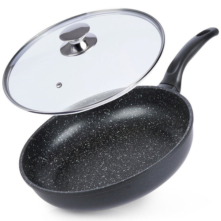 Set Tigaie Granitica Cu Capac Din Sticla Orion Grande 28 cm 48x28x6.5 cm Strat Antiaderent Din Granit Maner Confortabil Care Nu Se Incalzeste Potrivita Pentru Toate Tipurile De Plite Poate Fi Spalata In Masina De Spalat Vase Negru