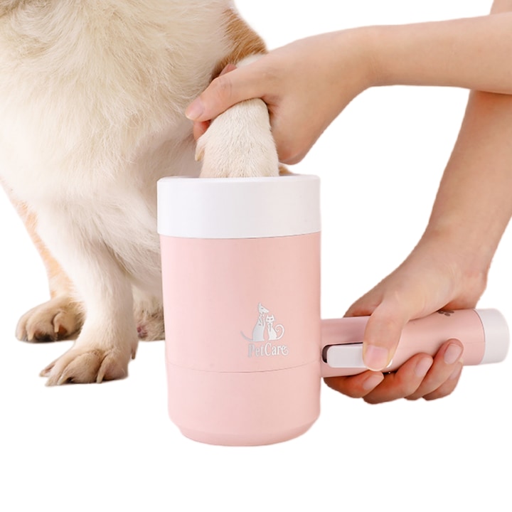 Automatic Paw Cleaner Fantasy 2-in-1 Design and 360º soft silicone brush, splash-proof lid, with support handle, Press button to use, for Small/Medium Pet Hygiene, pink