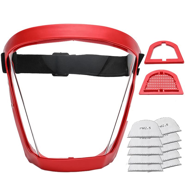 Super-Protective Anti-Fog Full-Face Visor Mask, Transparent, Unisex, Reusable, Red