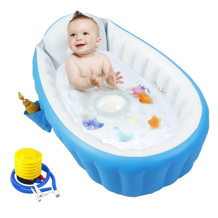 Cadita Bebe SINBINTA Cadita Gonflabila Pentru Bebelusi Si Copii Cu gauri pentru scurgerea apei si buzunar Pompa cu picior Antiderapante Pliabila Design ergonomic Usor de curatat si folosit PVC 98X65X28cm Albastru