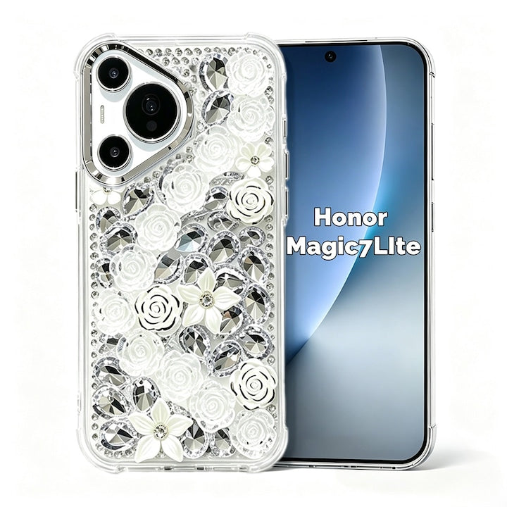 Husa pentru Honor Magic 7 Lite cu Flori si Strasuri Eleganta Anti-zgarieturi Transparent