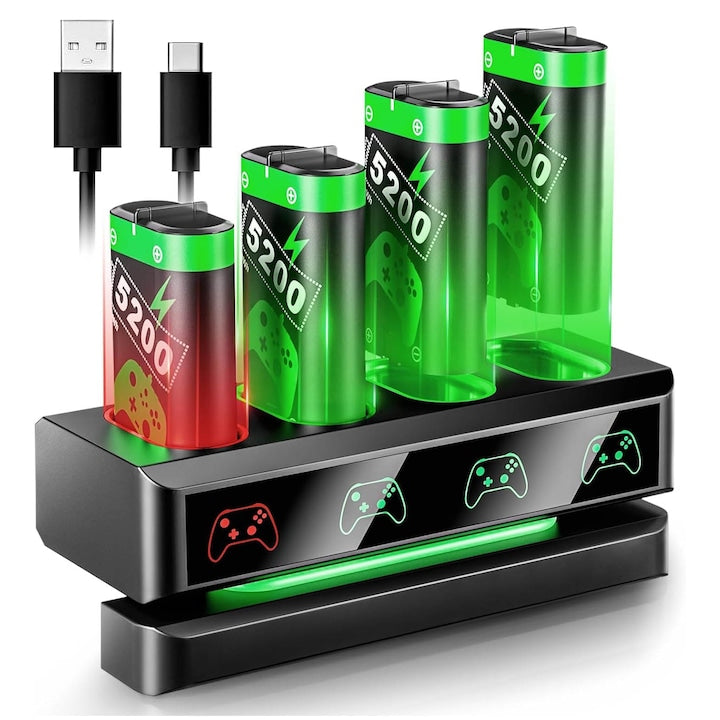 Set 4 baterii reincarcabile pentru Xbox 4x5200mWh 30h Autonomie & Protectie Supraincalzire Compatibil Series X/S/One/Elite OUYLAF Negru/Verde