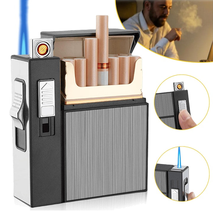 Cigarette Case with Lighter, Aluminum Cigarette Box, Windproof Gas Lighter, Holds 20 Cigarettes, USB Charging, Electronic Cigarette Box and Lighter, Gift for Men