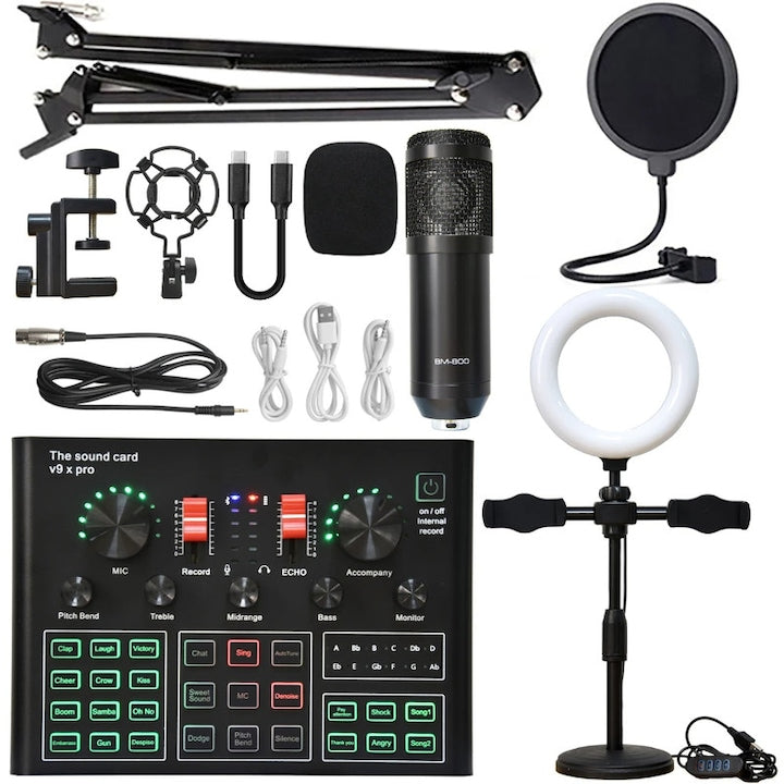 WALALLA Condenser Microphone Kit, V9 Sound Card/BM 800 Microphone/with LED Fill Light, Integrated Studio Equipment for Computer/Broadcast/Gaming/Recording/Live Streaming, Black