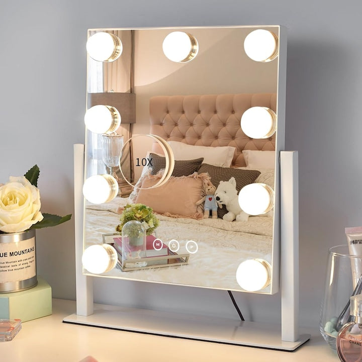 Cosmetic Mirror Wacorresi Makeup Mirror With 9 Bulbs 10X Magnification 3 Color Mode Adjustable Brightness Touch Switch White
