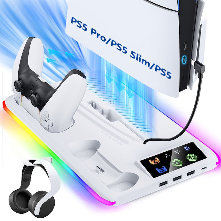 Suport de racire pentru PS5 / PS5 Slim / Pro ZOUN doua statii de incarcare pentru controale suport pentru casti iluminare RGB 3 porturi USB protectie impotriva supraincalzirii alb
