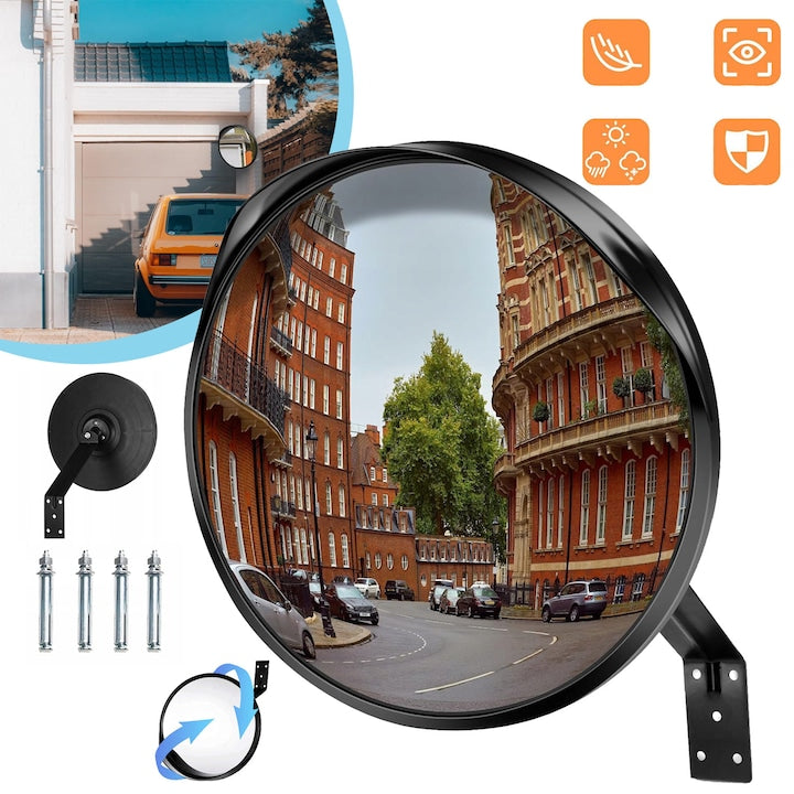 CHOOLEY Black Convex Traffic Mirror, 30cm, Wide Viewing Angle, Adjustable Wall Mount