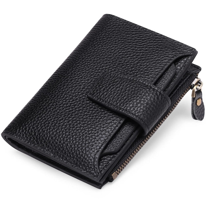TOIITKQ - Portofel din piele naturala pentru femei blocare RFID pliere compacta sloturi pentru carduri buzunar cu fermoar pentru monede 4 ferestre pentru legitimatie 13x10x3cm negru
