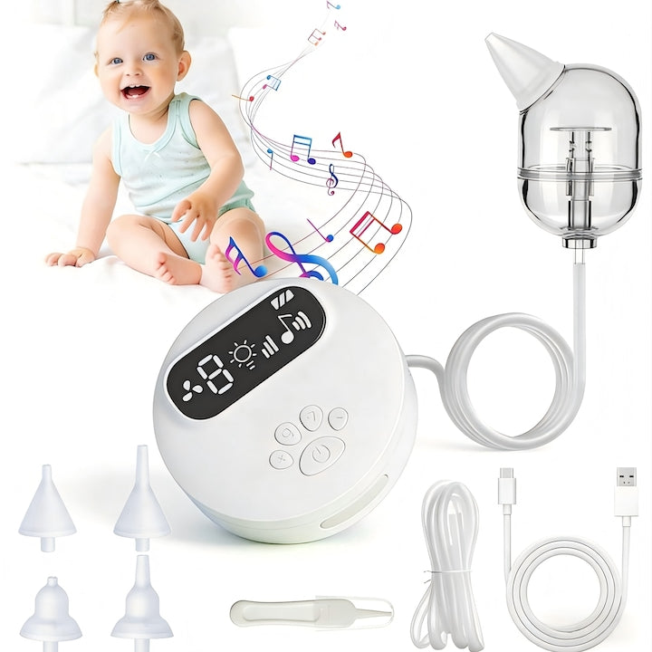 Aspirator Nazal Electric pentru bebelusi reincarcabil 9 niveluri de aspirare 4 duze din silicon functionare silentioasa usor de curatat cu muzica lumina ecran LED mare alb