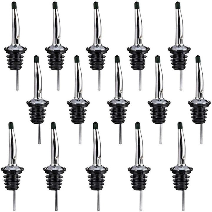 Set of 15 Pourers for Cocktails, Rqiurpn, Stainless Steel, Free Flow Technology, Universal Size, with Cap, Black/Silver