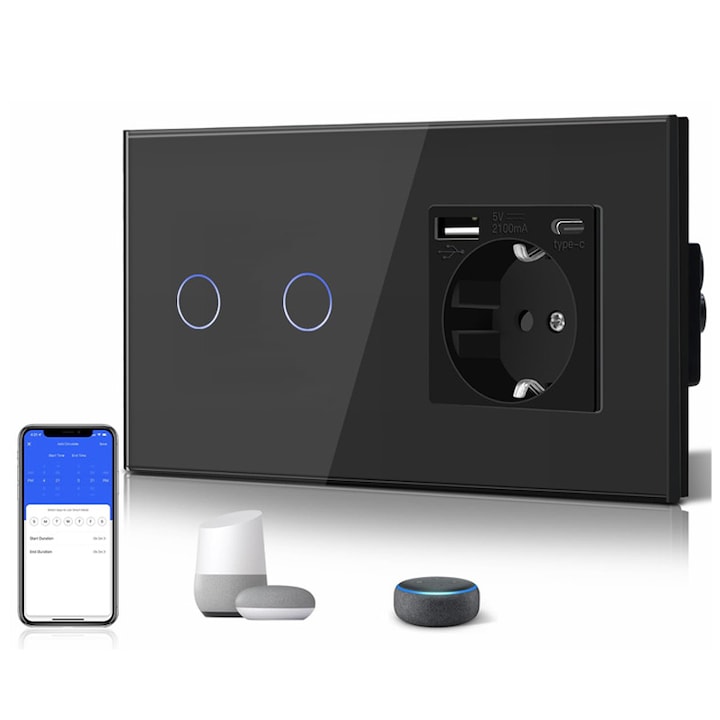 Smart Switch and Duueyct Socket 2-in-1 with USB and USB-C Ports WiFi Touch Switch Tempered Glass Panel Scratch Resistant Dual Light Control Compatible with Alexa and Google Home Tuya Modern Design Black