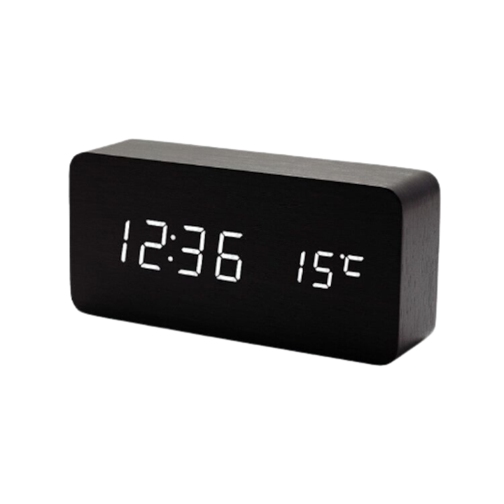 Ceas Digital Desteptator Aspect de Lemn display led eSIMPLU Negru